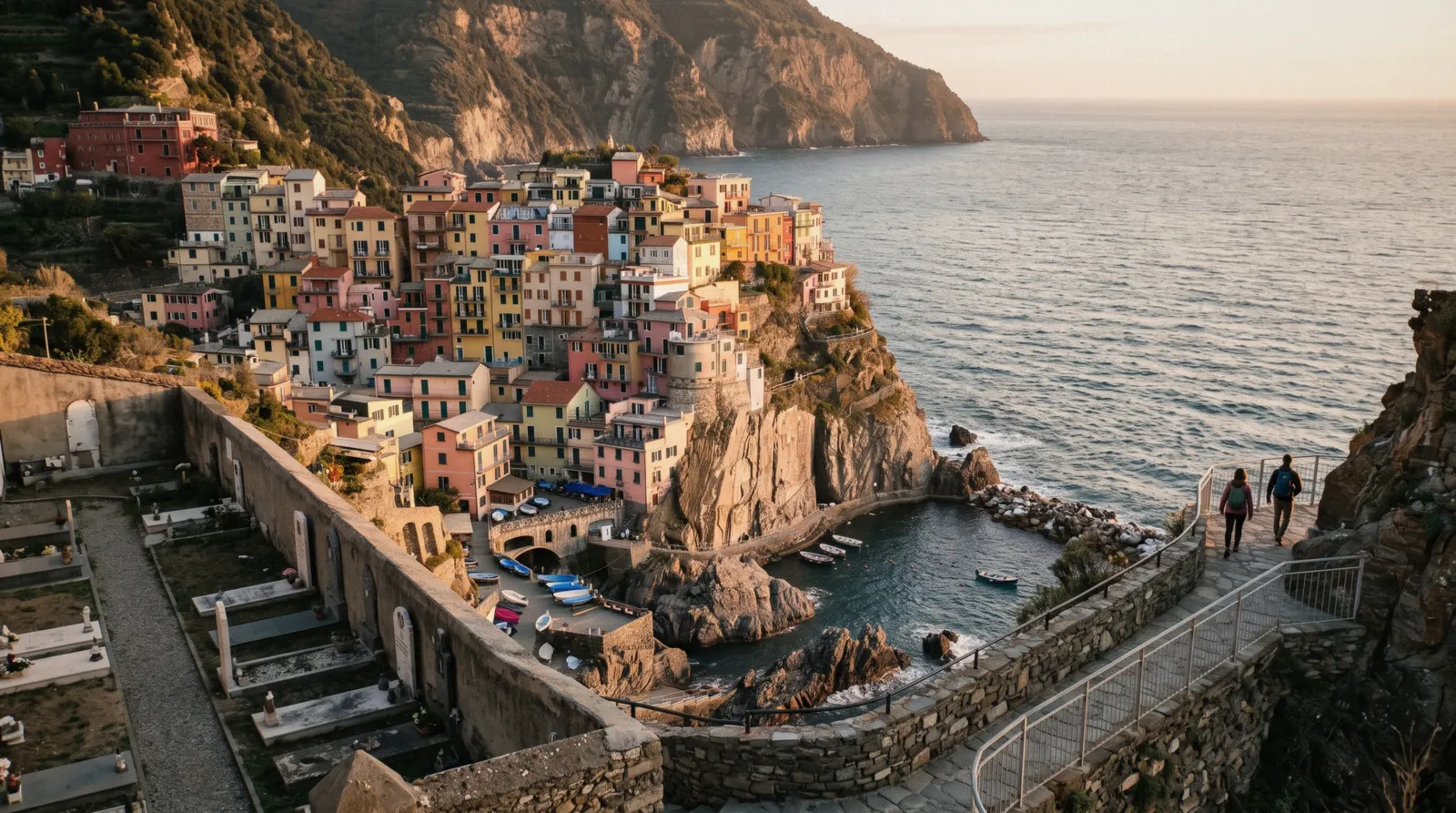 Aerial view over the coloured houses of Manarola from the Punta Bonfiglio viewpoint