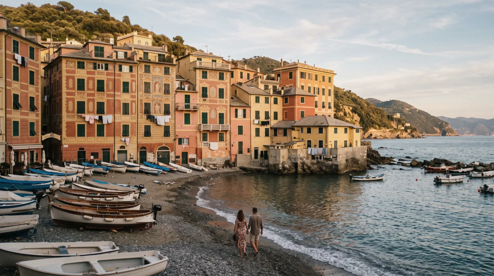 Camogli waterfront in Liguria, Italy, painted houses along the harbour, a day trip from the Cinque Terre near San Fruttuoso Abbey