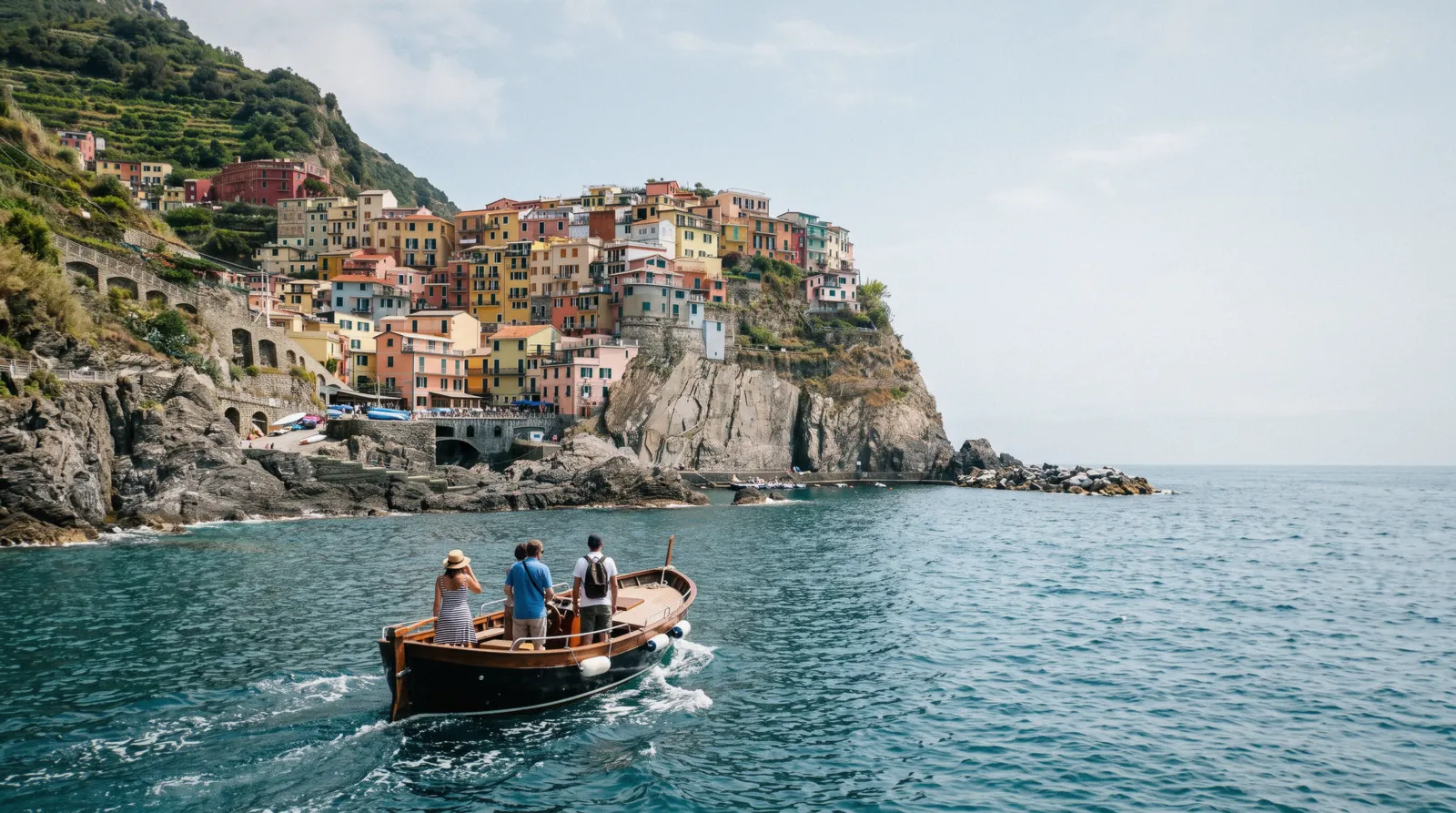 Cinque terre boat tour cruising past the cliffside villages of the Cinque Terre, Italy