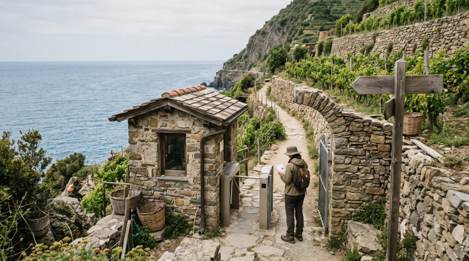 The Cinque Terre Card compared on a phone above the village rooftops of Cinque Terre, Italy