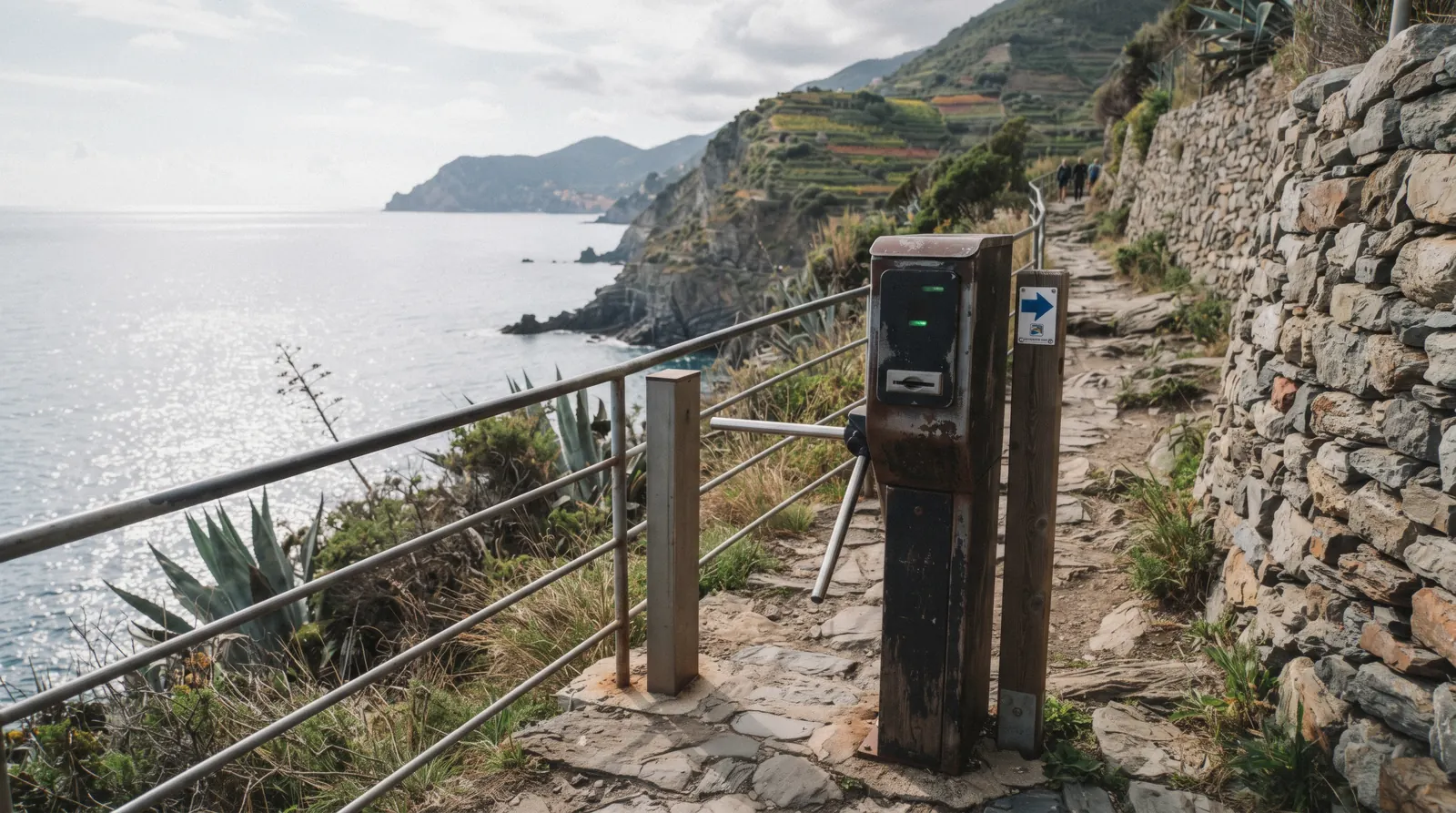 A trail ticket gate and waymark on the paid coastal path of the Cinque Terre, Italy