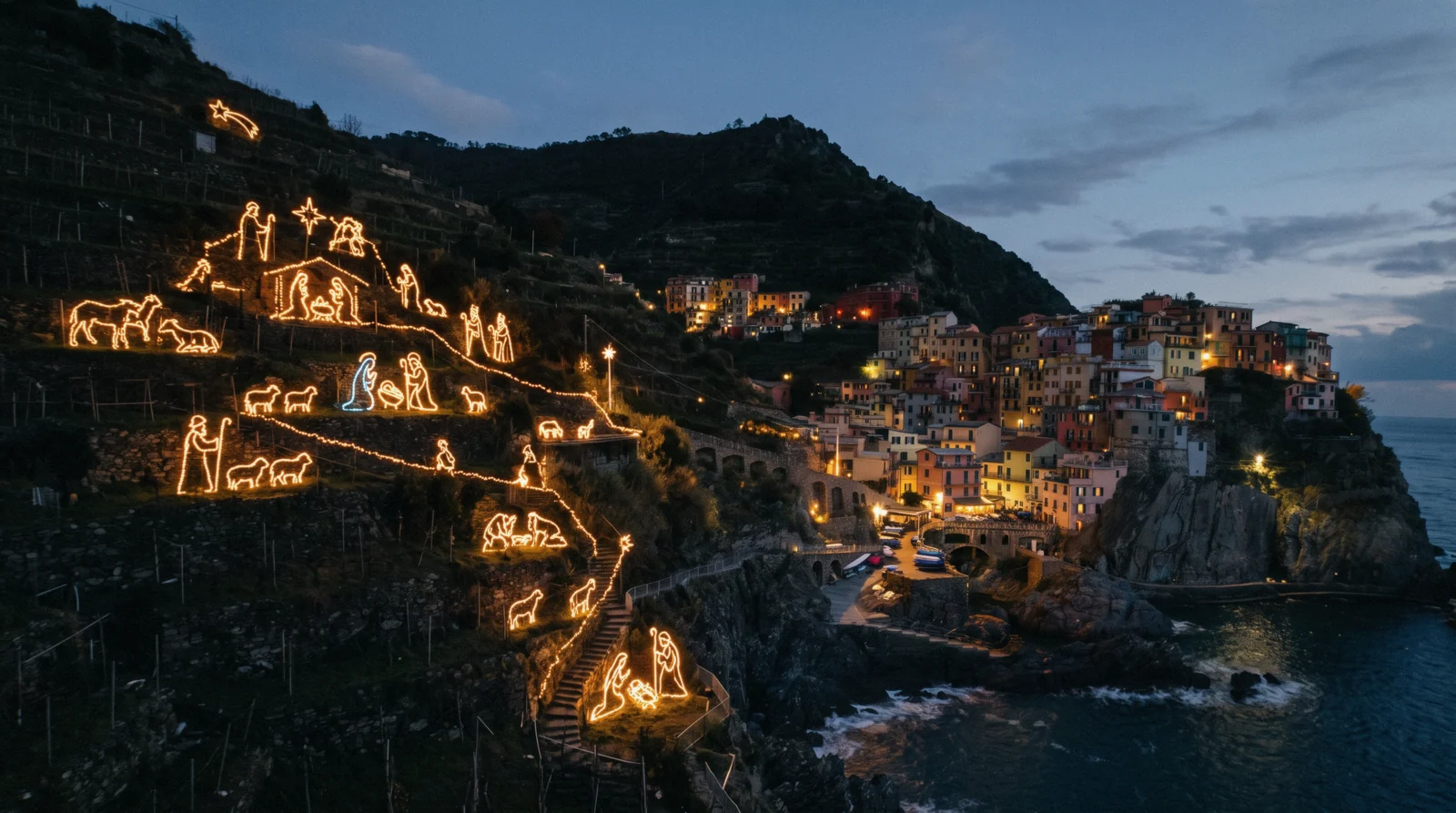 Manarola's illuminated hillside nativity scene lit at dusk in December, Cinque Terre, Italy