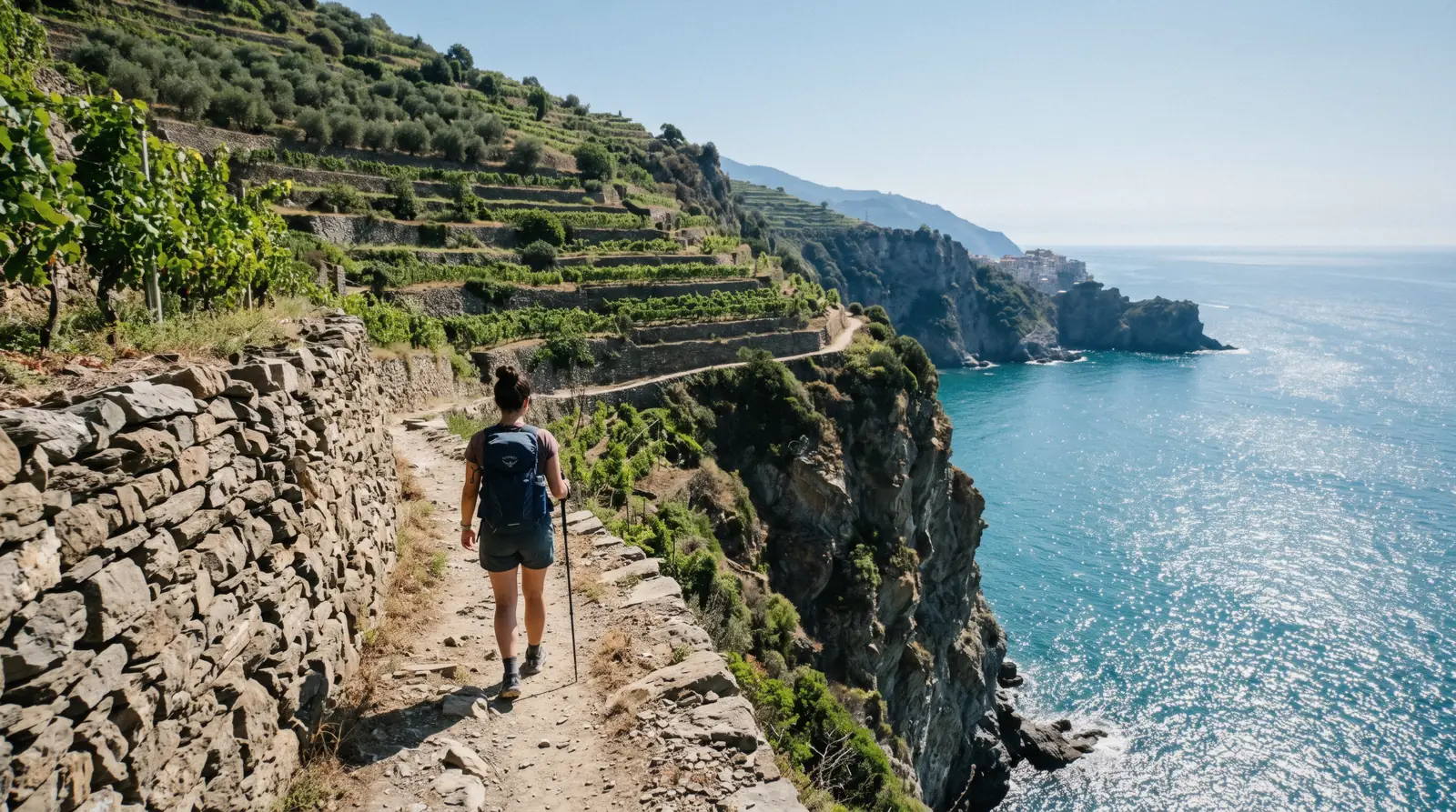 Hiker on a high trail above the Cinque Terre coast with terraced vineyards and the sea beyond