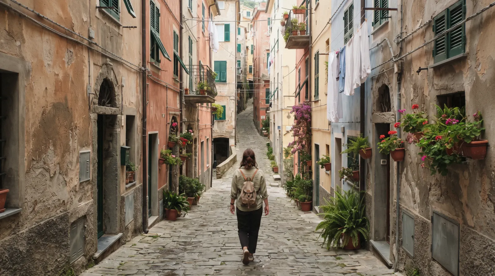 Colourful village houses above the sea on the Cinque Terre coast in Liguria