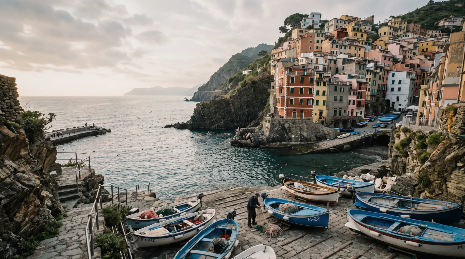 A coastal hiking trail above the sea between two Cinque Terre villages, Italy