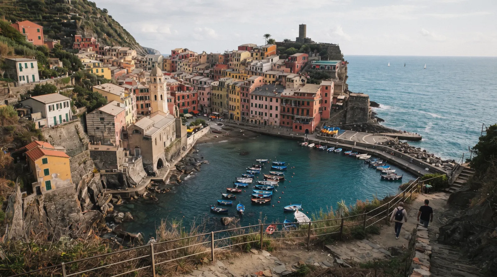 A vineyard-terraced trail above the Cinque Terre coastline in golden afternoon light, Italy