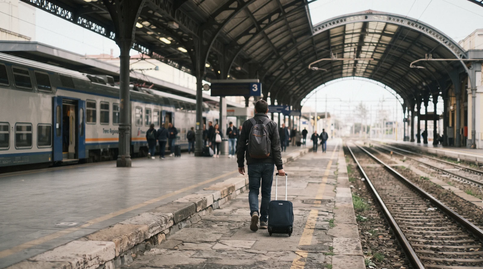 A traveler with a wheeled suitcase on the platform at La Spezia Centrale station before a day in the Cinque Terre, Italy