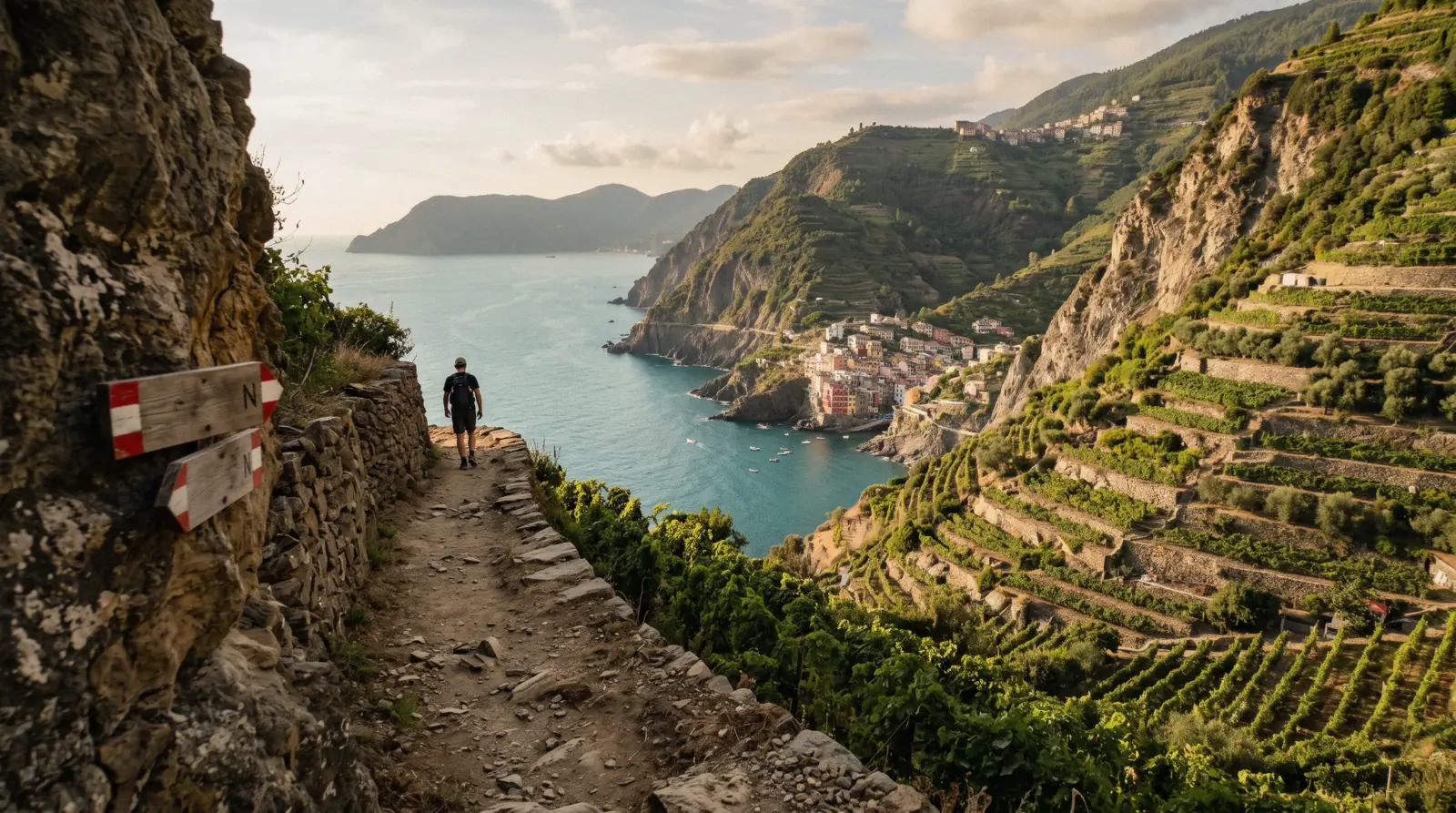 Terraced hillside and coastal trail in the Cinque Terre National Park with a village below