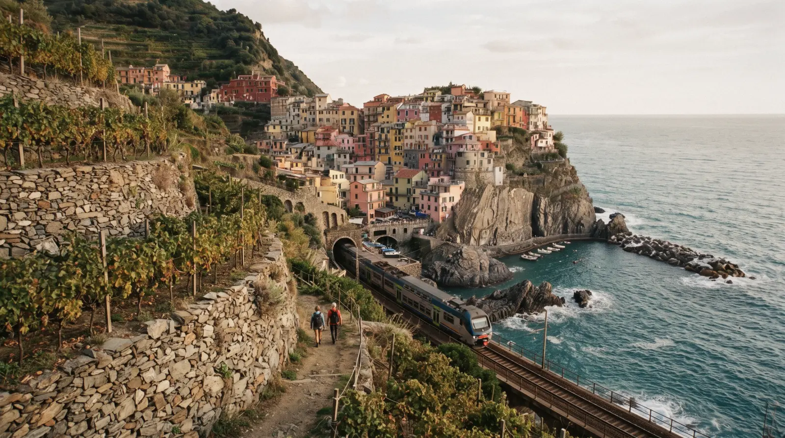 Colourful cliffside houses above the sea on the Cinque Terre coast compared to the Amalfi Coast