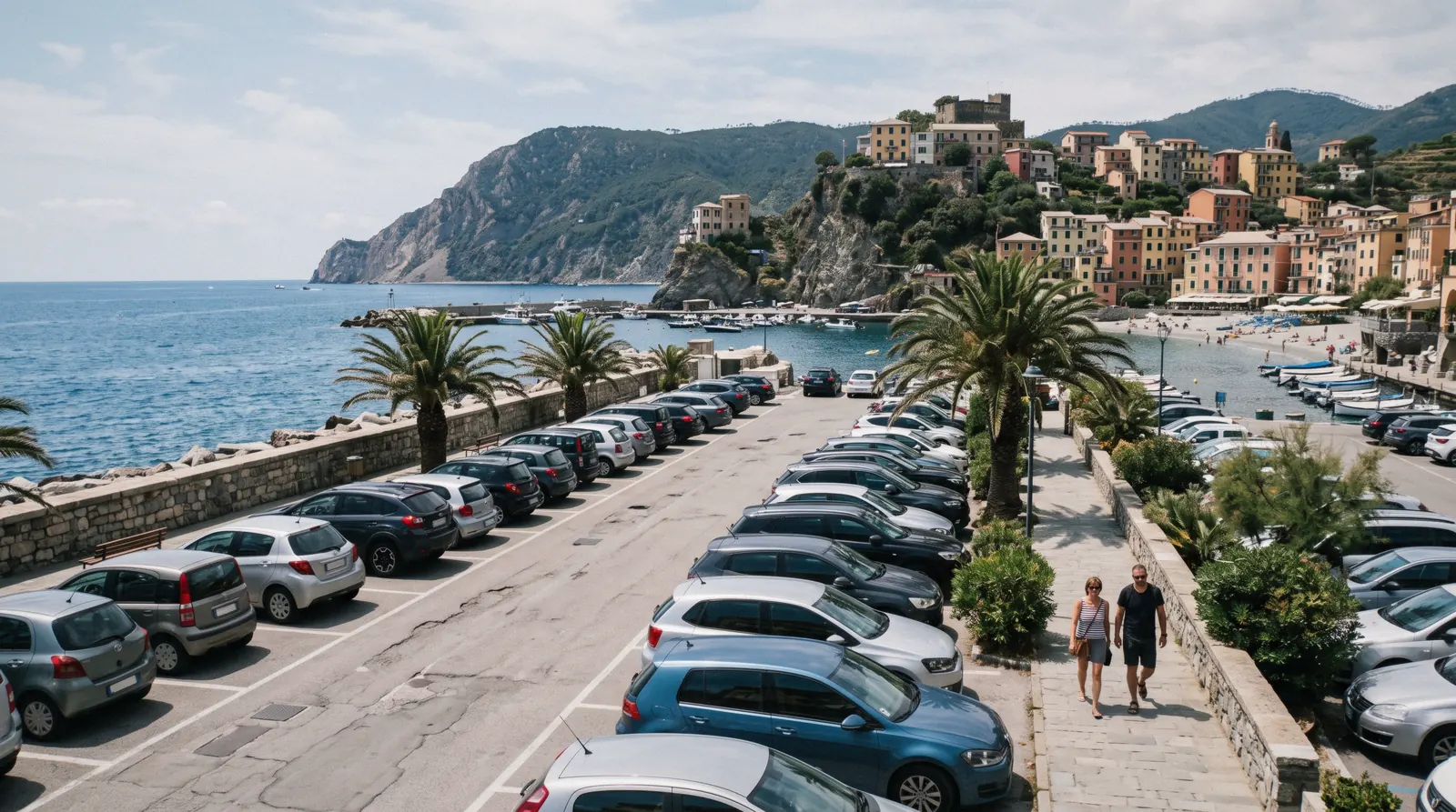 Cars parked near the station and beach at Fegina in Monterosso al Mare, Cinque Terre