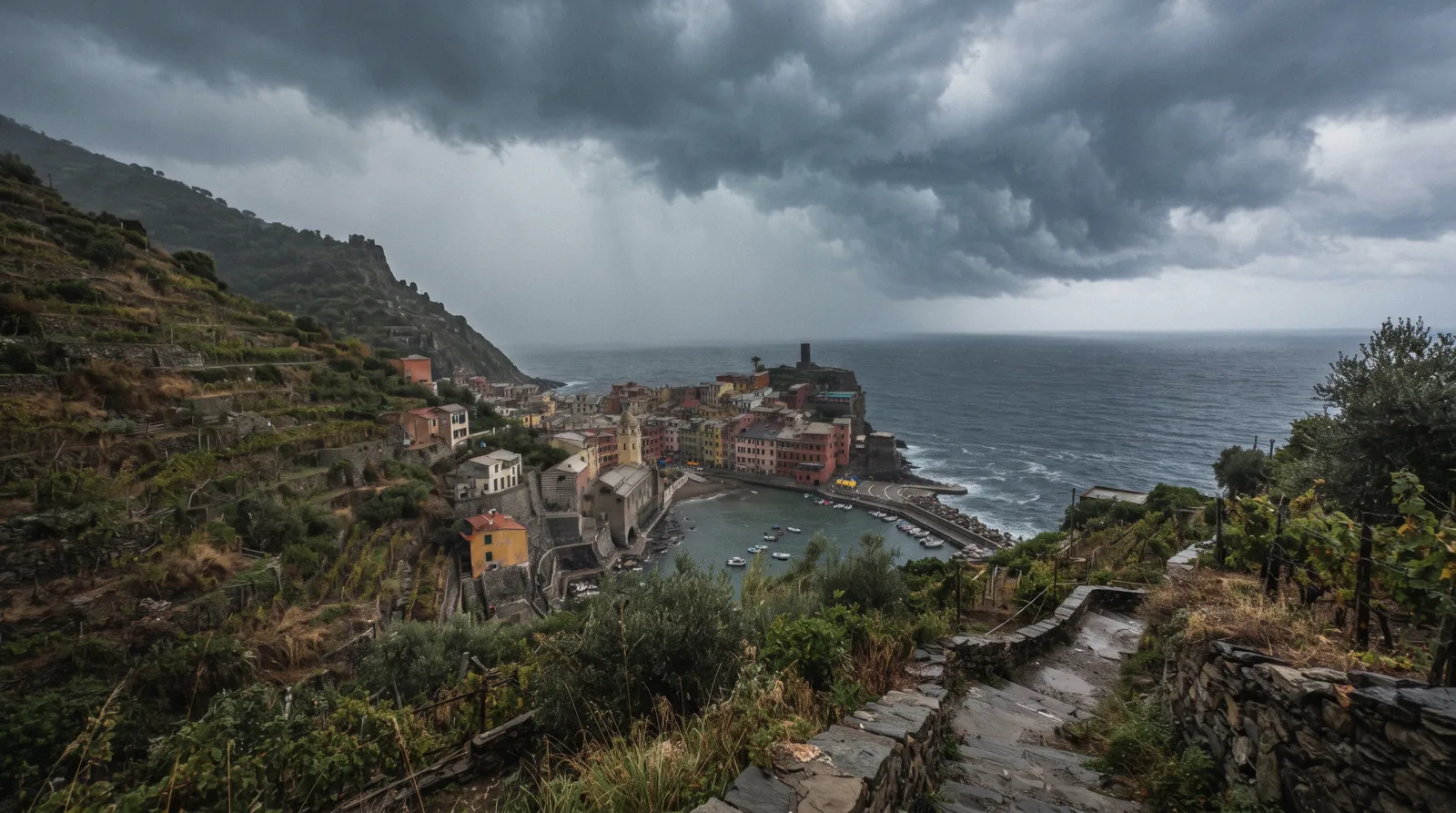 Storm clouds over the terraced cliffs of the Cinque Terre coast, Italy