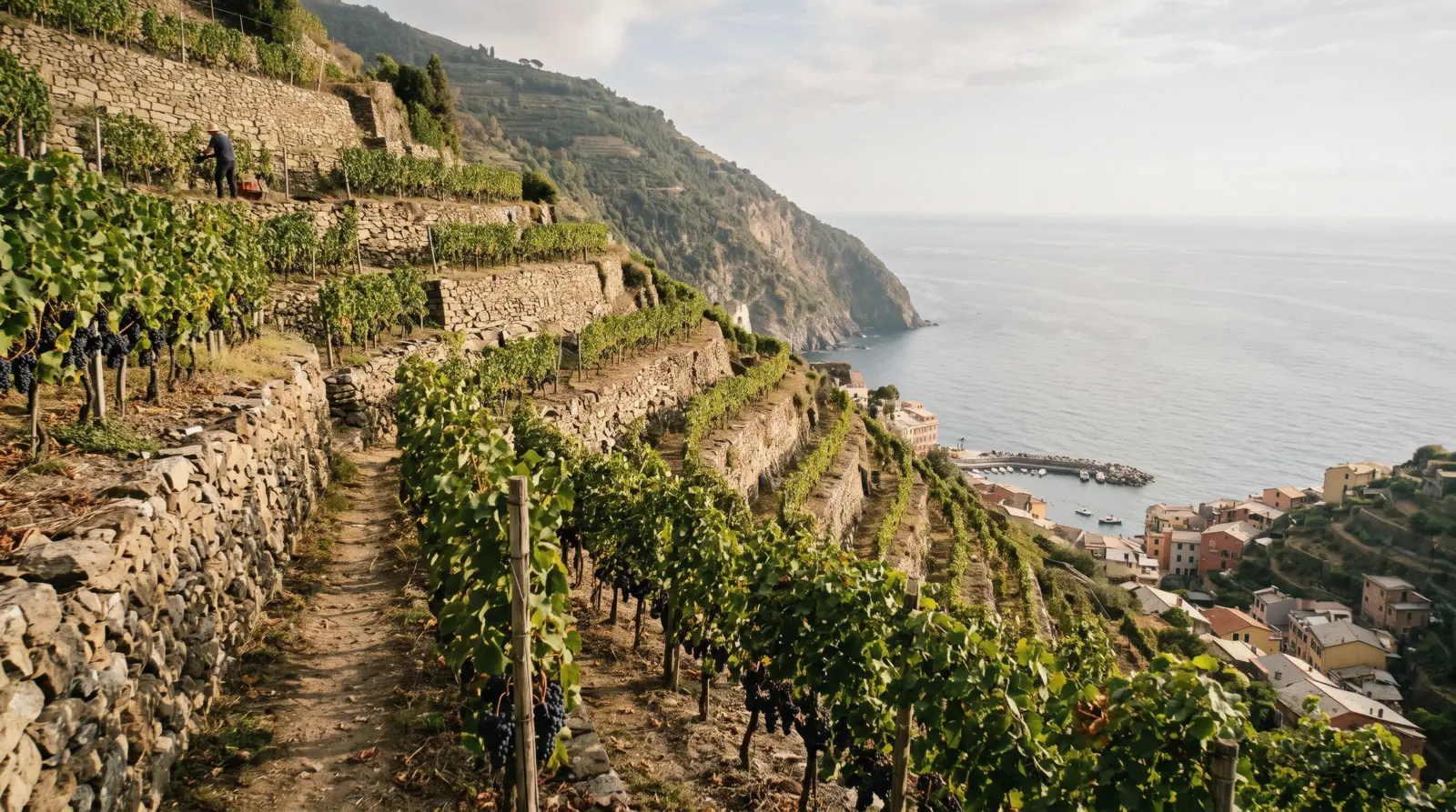 Terraced cinque terre vineyards above the sea with dry-stone walls
