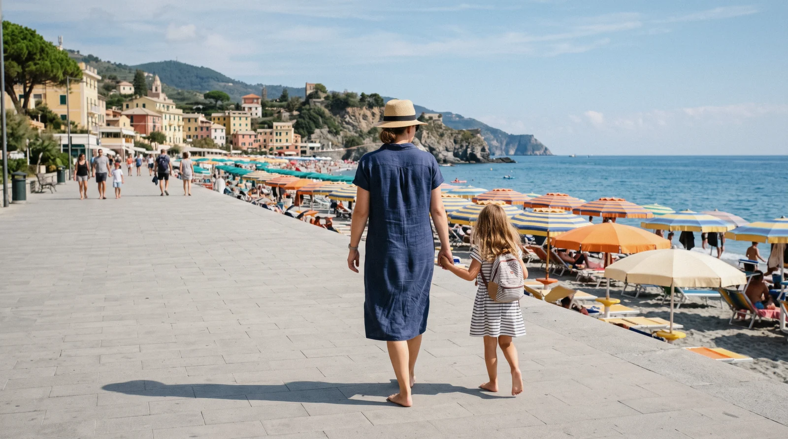 A family walking along a flat coastal path in the Cinque Terre, Italy