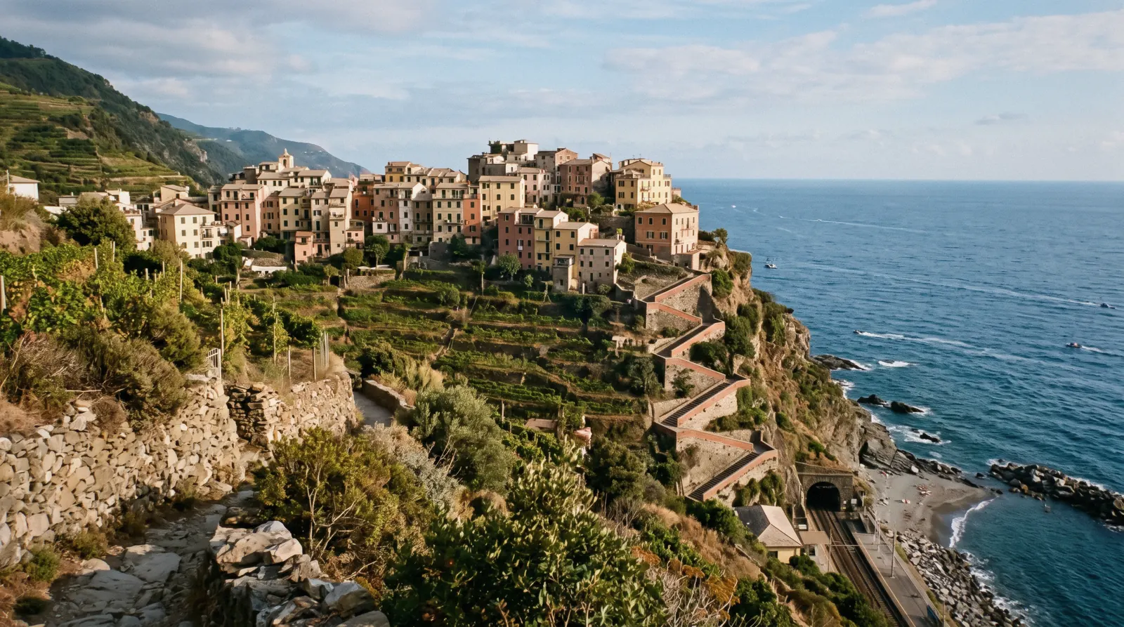Corniglia village on its cliff above terraced vineyards, Cinque Terre, Italy