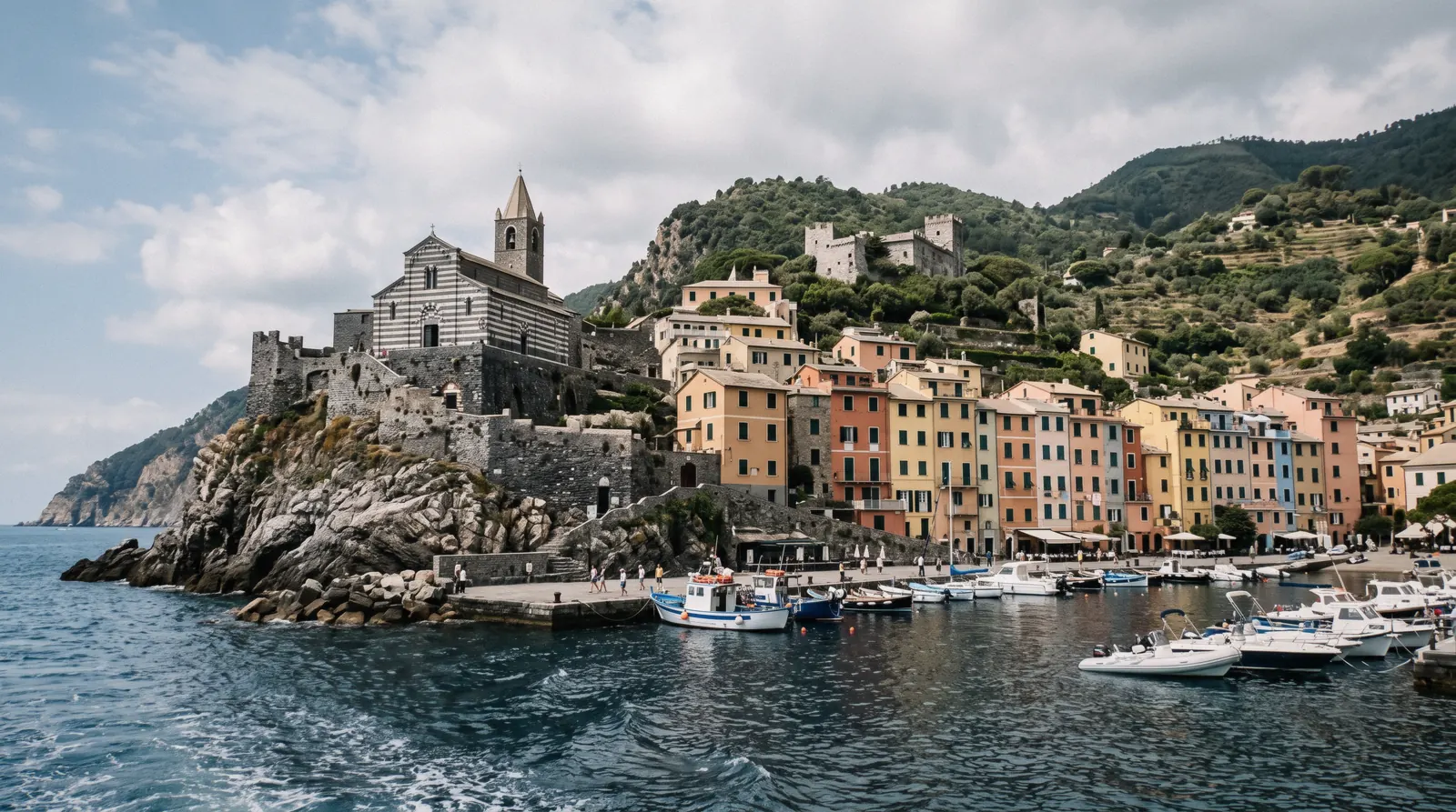 Portovenere seen across the Gulf of Poets from the coast near the Cinque Terre