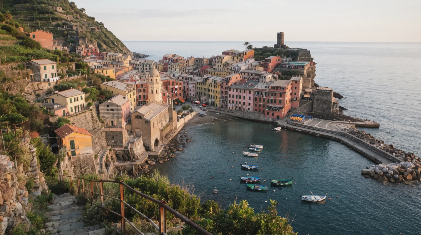 Vernazza harbour from the coastal trail in early morning light, Cinque Terre, Italy
