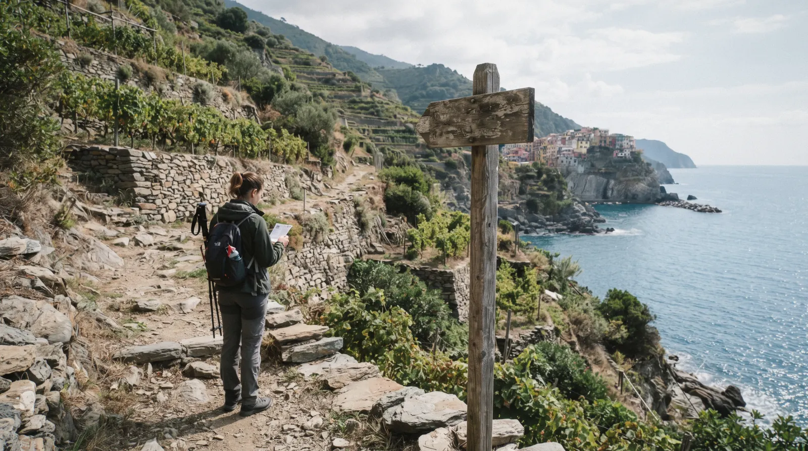 Hikers on a coastal trail above the Cinque Terre villages