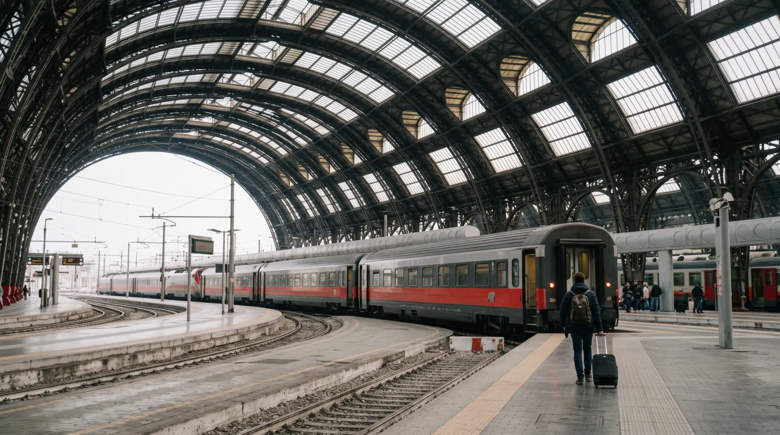 Milan Central station platforms with a long-distance train waiting for departure to the Ligurian coast