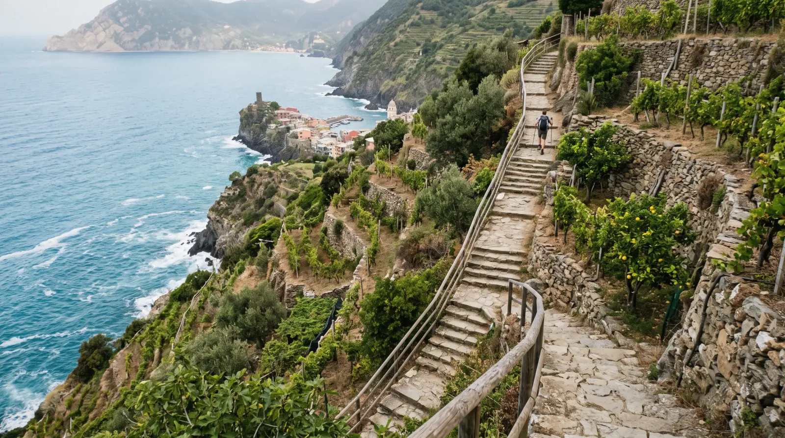 The coastal hiking trail 592-4 between Monterosso al Mare and Vernazza in the Cinque Terre National Park