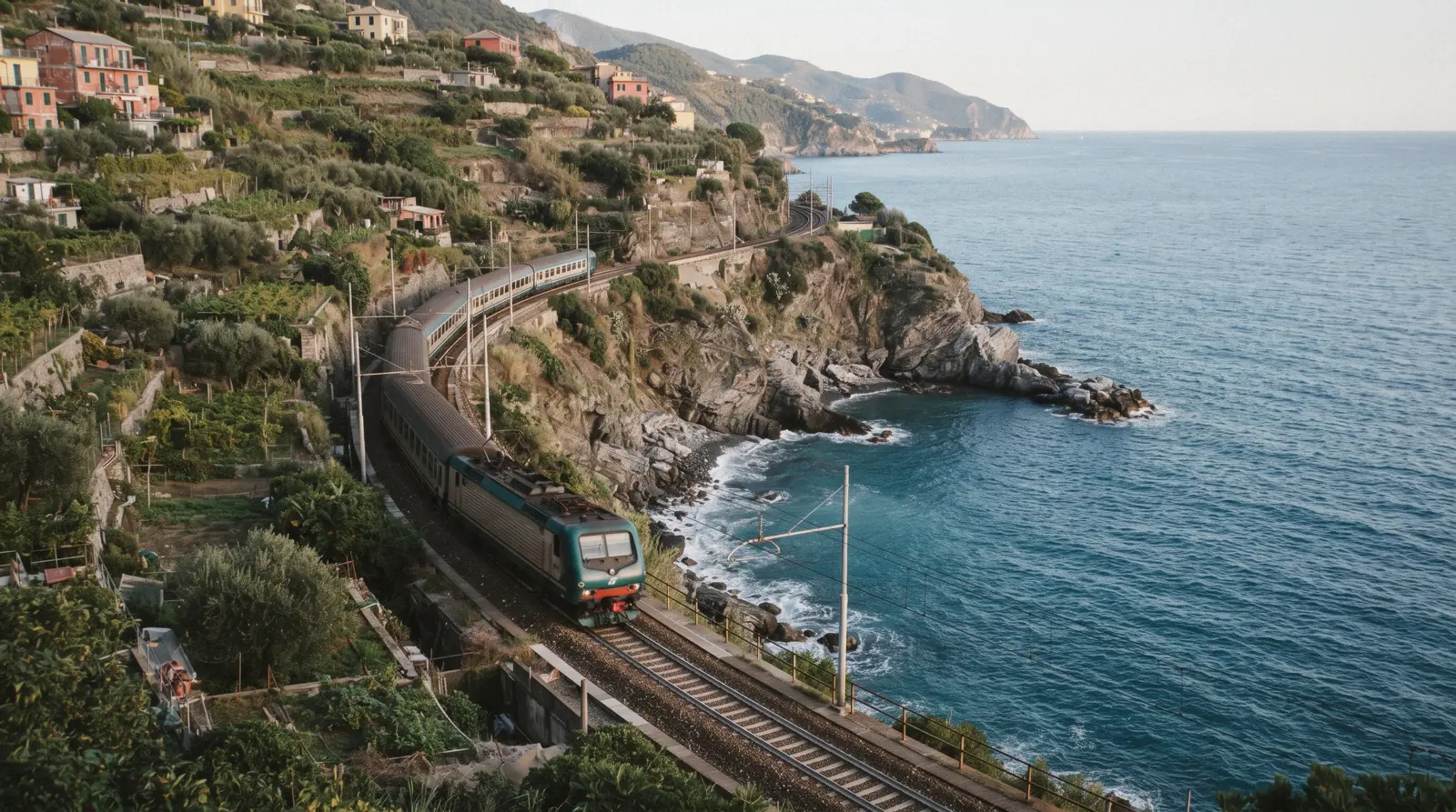 Regional train on the Ligurian coast between Pisa and the Cinque Terre villages
