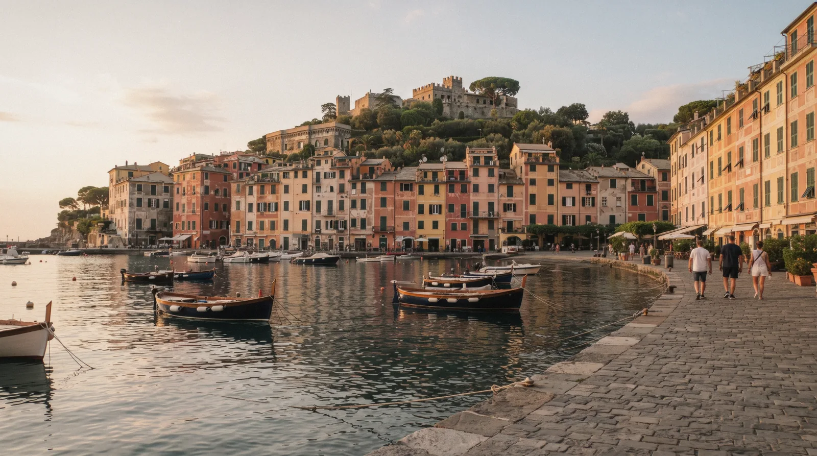 Portofino harbour in Liguria, Italy, with colourfully painted waterfront houses at golden hour, seen on a day trip from the Cinque Terre