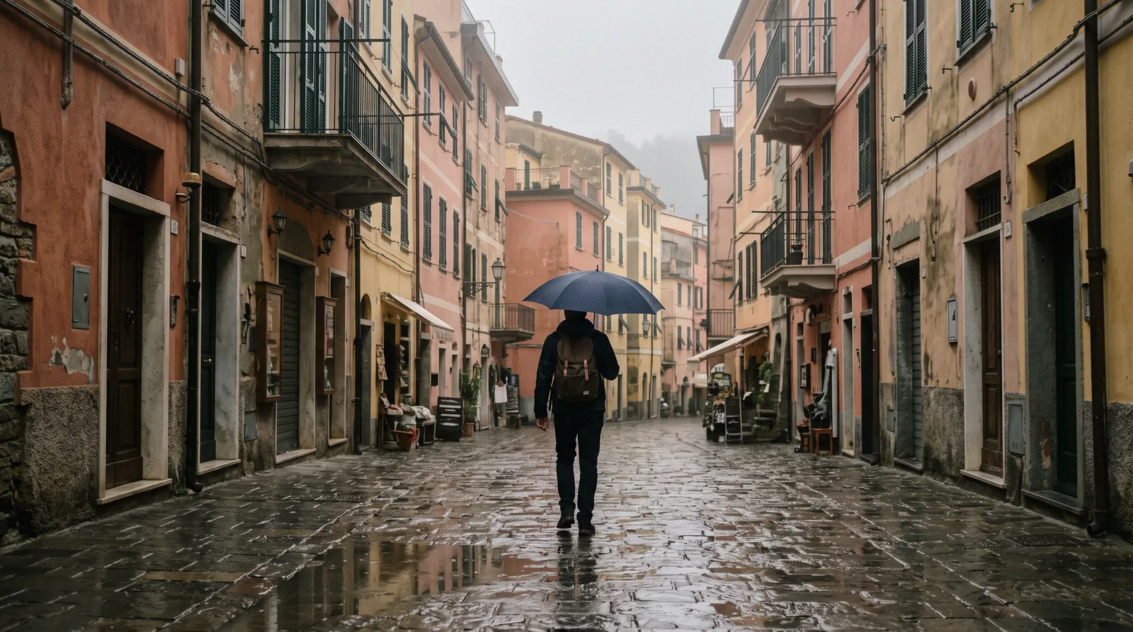 A traveler with an umbrella on a wet cobblestone lane in Vernazza on a rainy day in the Cinque Terre, Italy