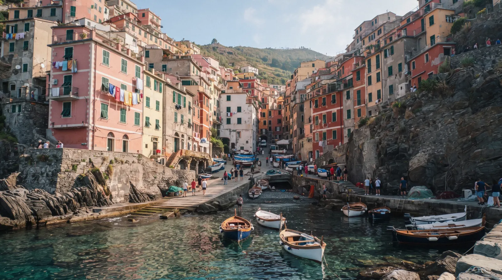 Riomaggiore village rising above its narrow ravine at the Cinque Terre coast, Italy