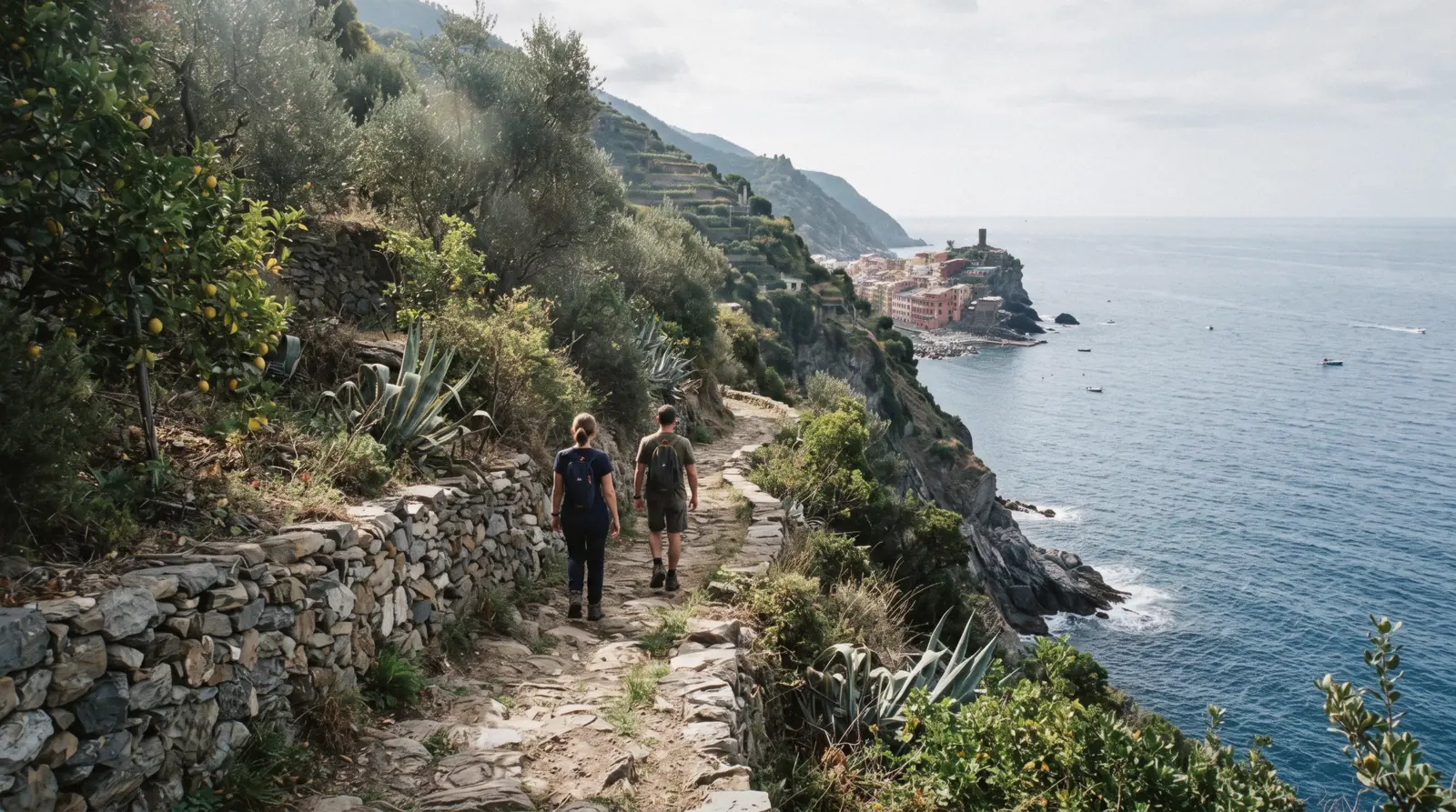 The Sentiero Azzurro coastal path running along the terraced cliffside of the Cinque Terre, Italy