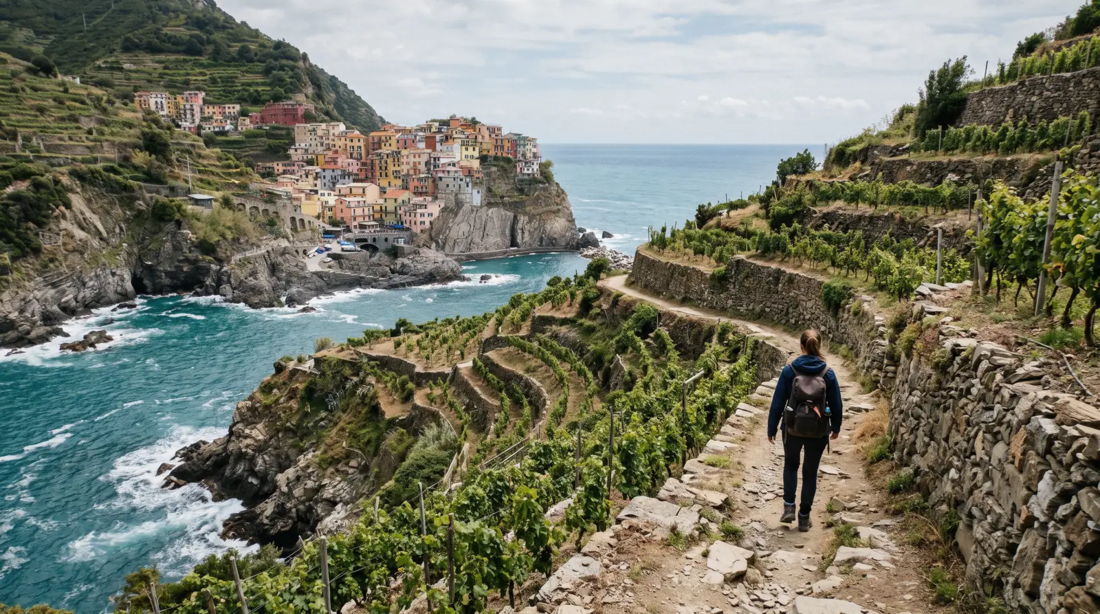 A hiker on the coastal trail above terraced vineyards, one of the things to do in Cinque Terre, Italy