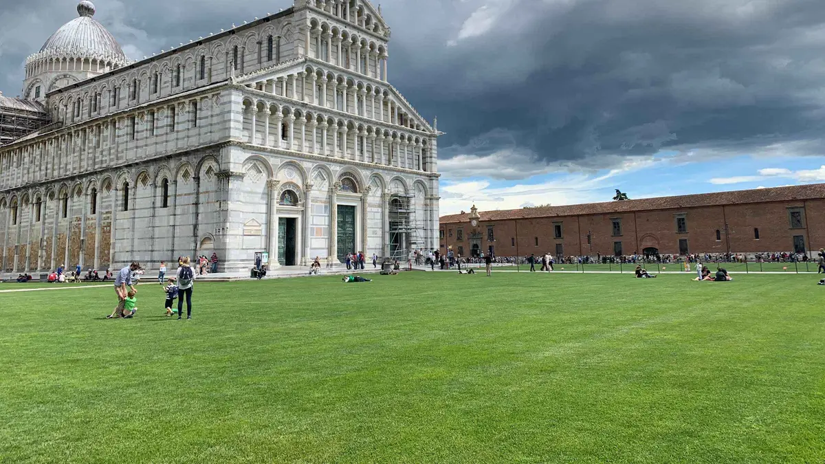 Cruise passengers on a shore excursion coach to the Leaning Tower of Pisa from La Spezia