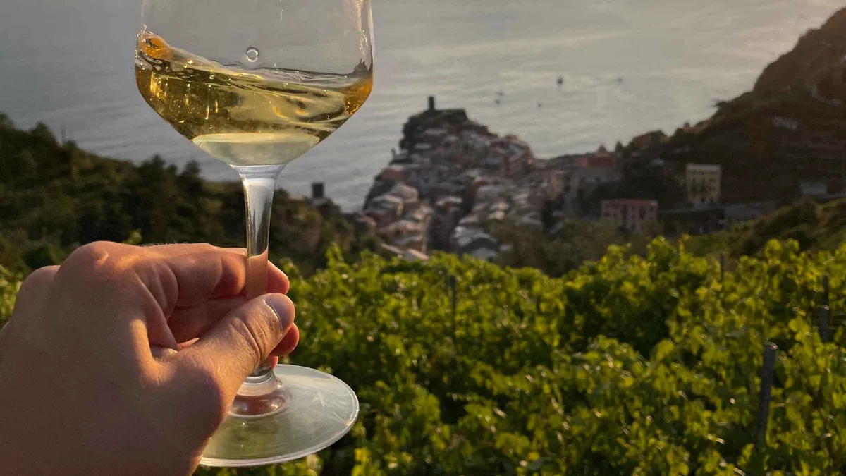 Hikers walking the steep terraced vineyards above Vernazza, Cinque Terre, before a wine tasting