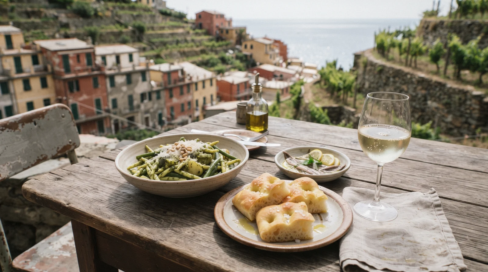 Bowl of trofie al pesto and a slice of focaccia on a table in the Cinque Terre