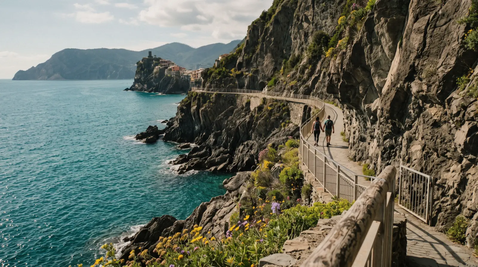 The Via dell'Amore cliff path cut into the rock above the sea between Riomaggiore and Manarola