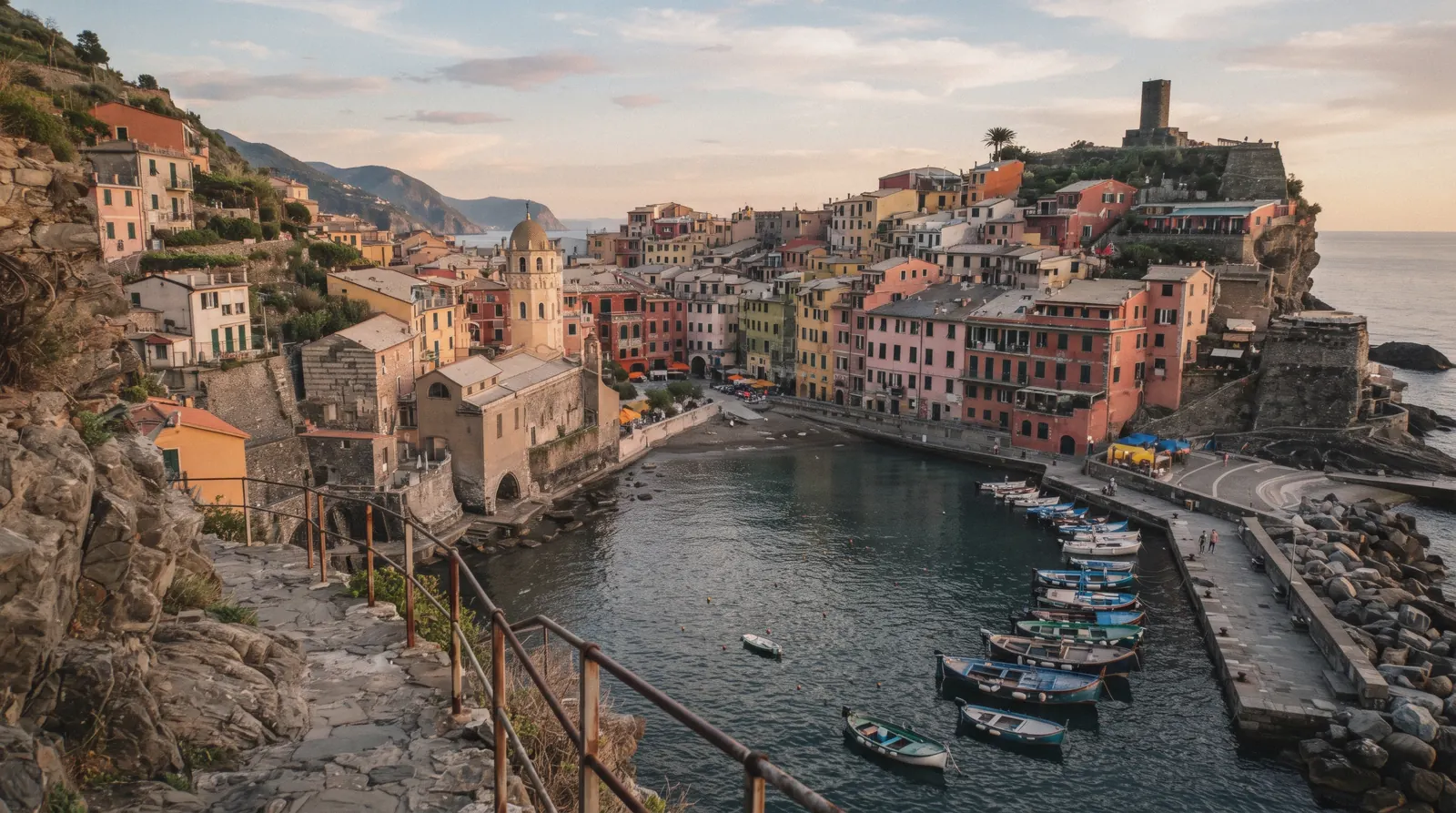 The five Cinque Terre villages seen from the sea, Italy