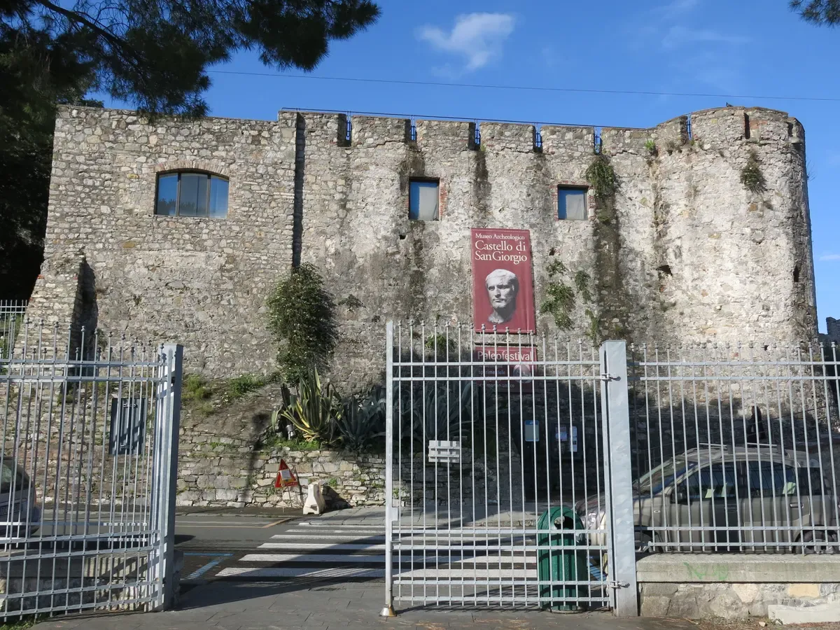Stone ramparts and entrance gate of Castello San Giorgio above La Spezia, Liguria, Italy