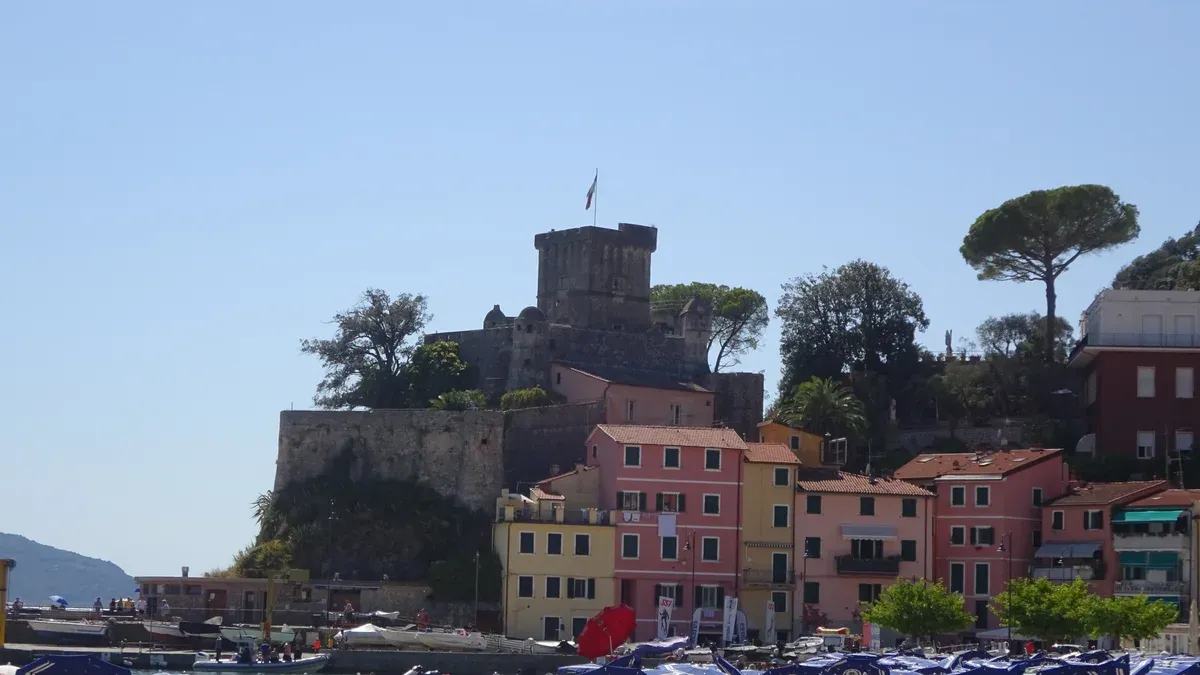 Castello di San Terenzo overlooking the village near Lerici on the Gulf of Poets, Italy