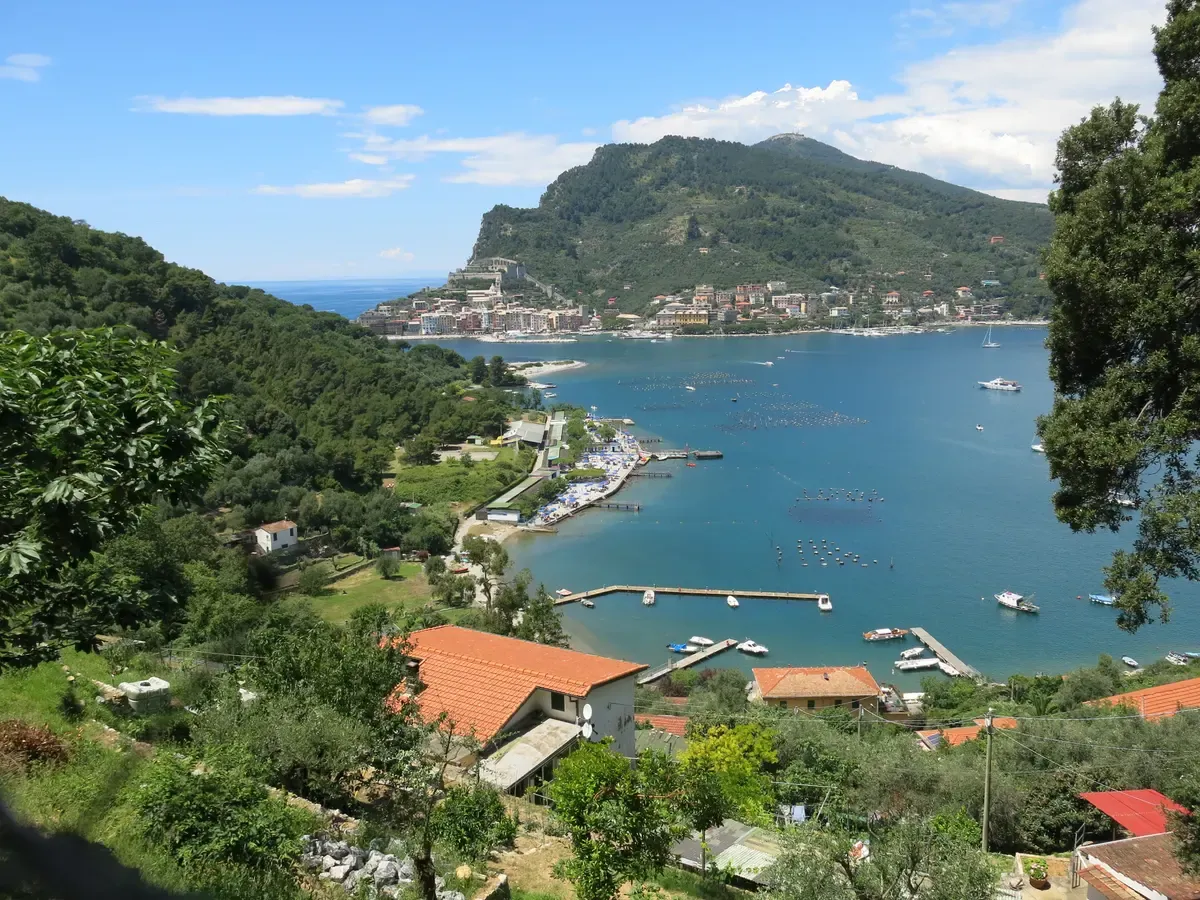 View of Palmaria island's gentle Portovenere-facing slope across the strait, Italy