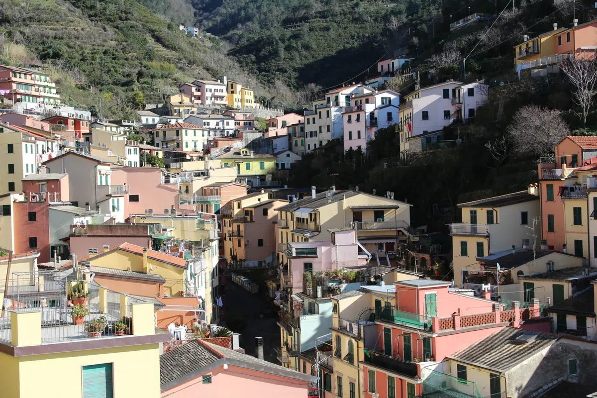 The ravine of tall houses in Riomaggiore, Cinque Terre, Italy