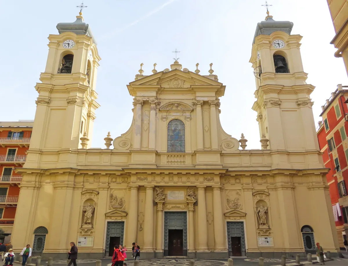 The facade of the Basilica of St Margaret of Antiochia in Santa Margherita Ligure, Italy
