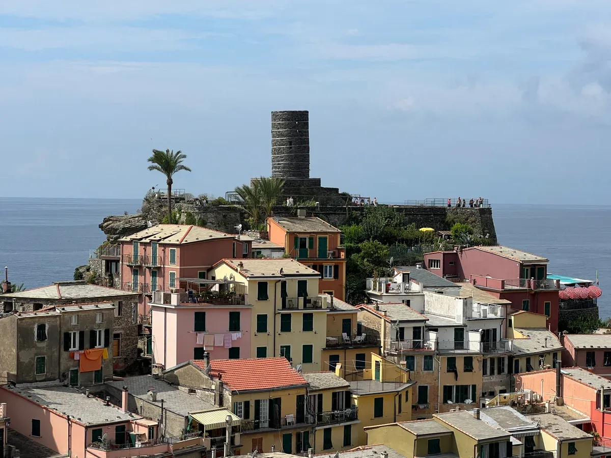 Vernazza, Cinque Terre, the harbour and piazza seen from above with the Doria castle point