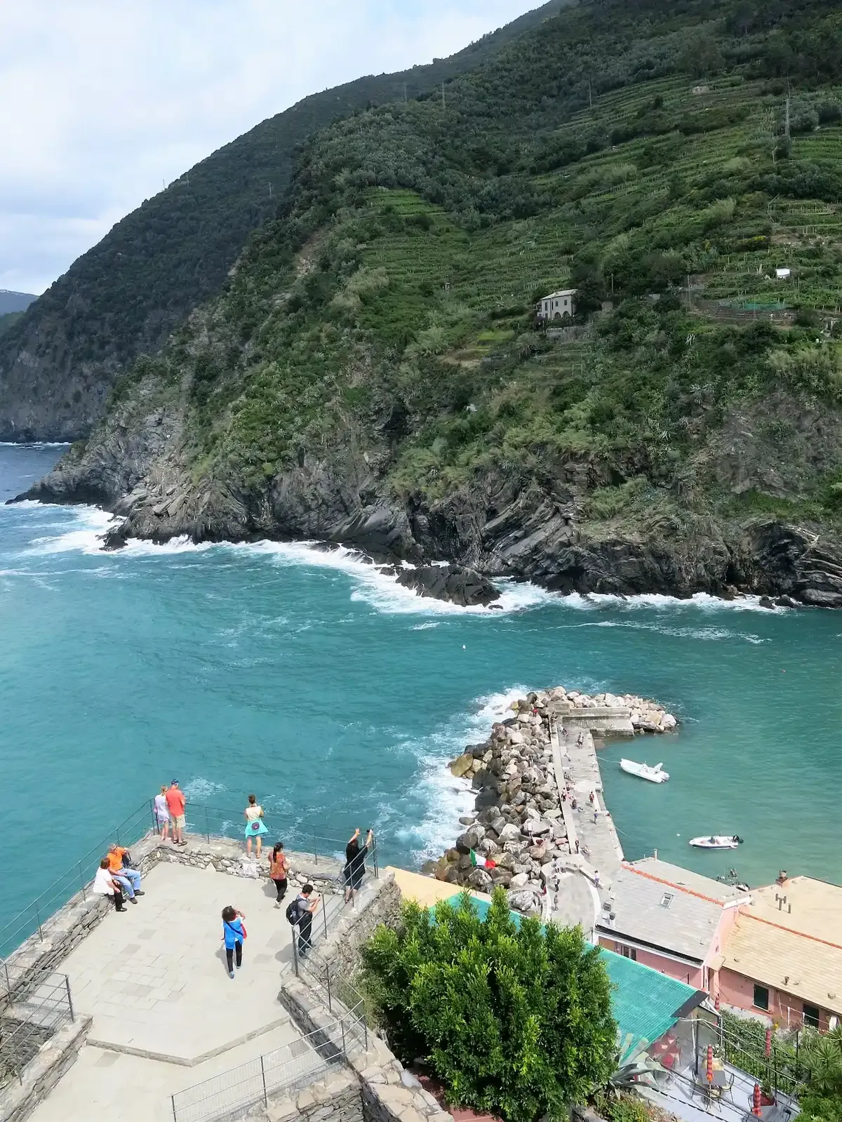 Vernazza harbour entrance seen from the Doria castle point, Cinque Terre, Italy