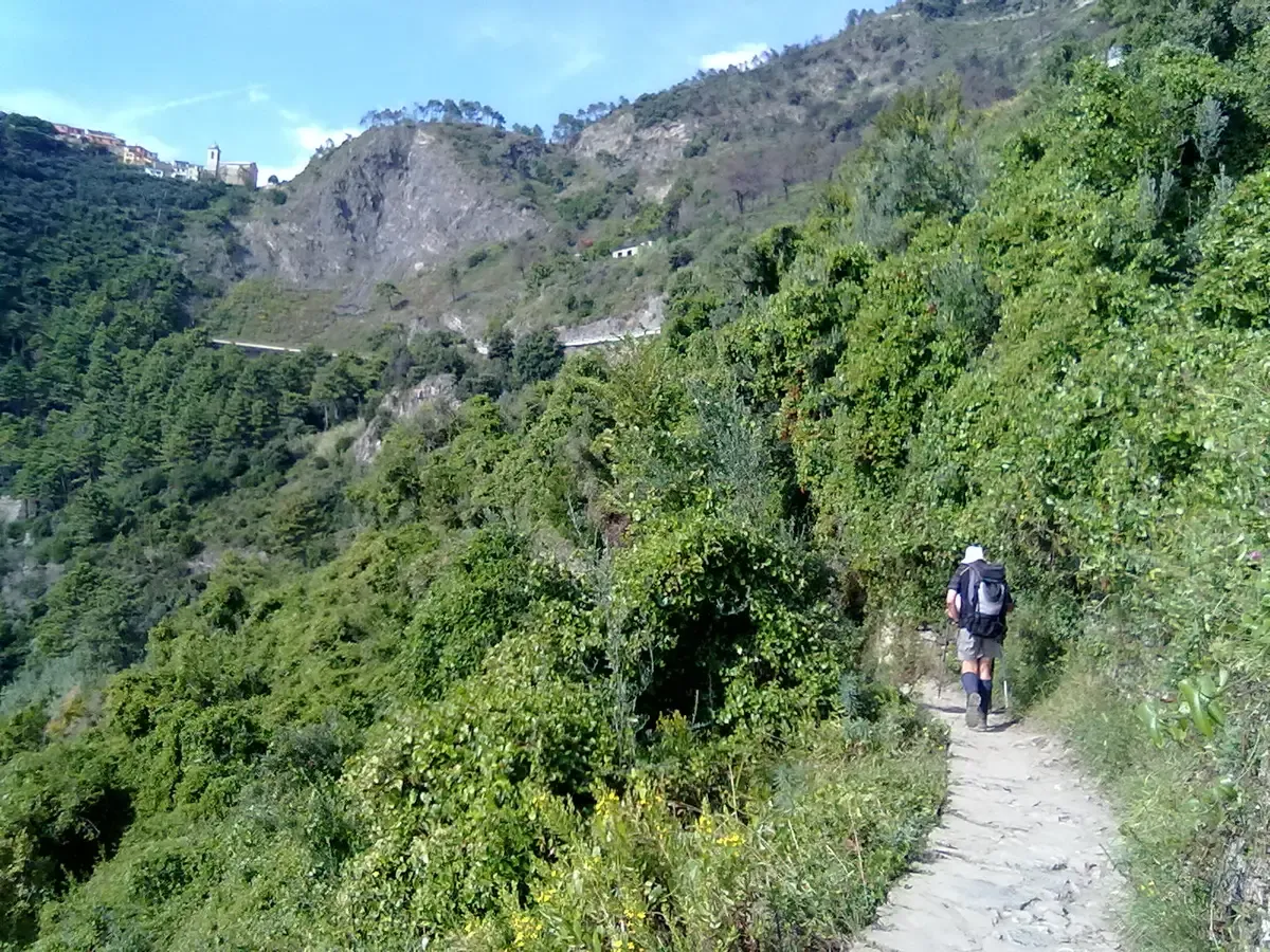Hiker walking the coastal trail between Corniglia and Vernazza with Corniglia visible on its cliff, Cinque Terre, Italy